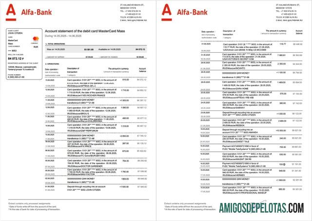 Extrato de conta bancária Alfa da Rússia para download, modelo Word e PDF, 2 páginas